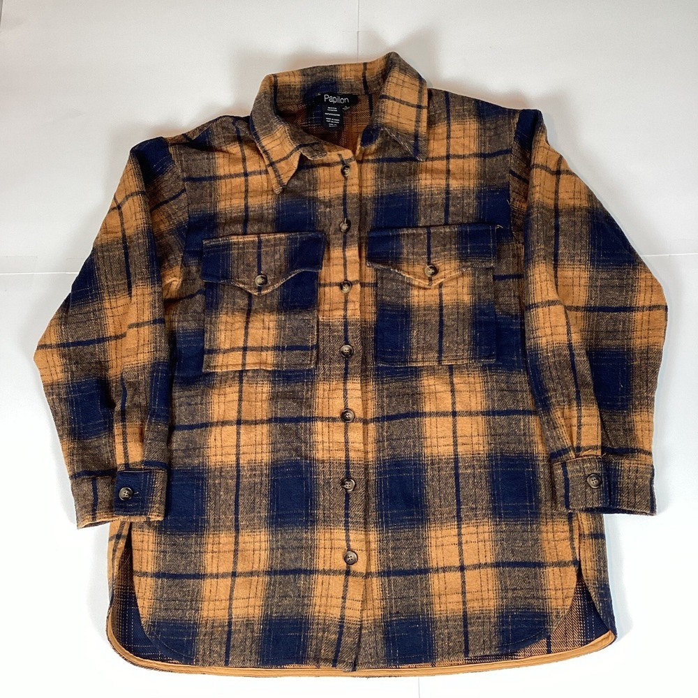 Papillon Mens Button Up Shirt Top Size S Small Long Sleeve Flannel Plaid Comfort